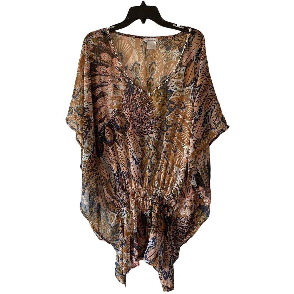 Studio 36 Kaftin Tunic SZ M/L Semi Sheer Beaded Oversized Beach Vacation Travel